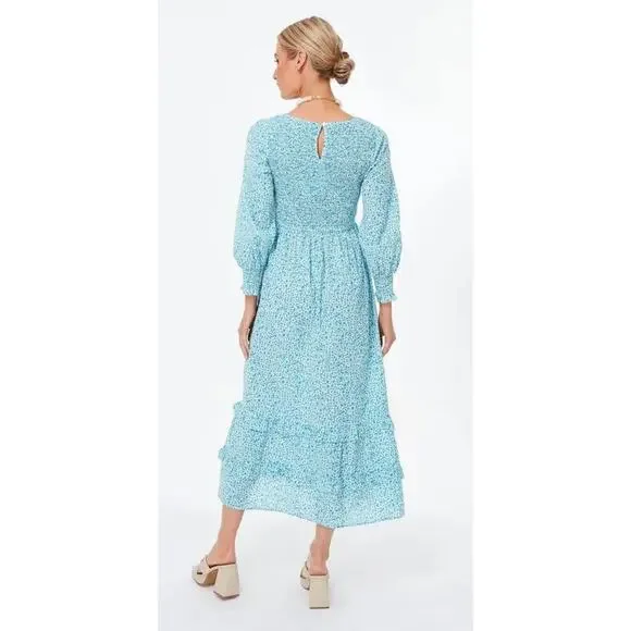 Pink City Prints Tuckernuck Ocean Ditsy Isabel V Neck Dress Long Sleeve Cotton - Picture 9 of 16